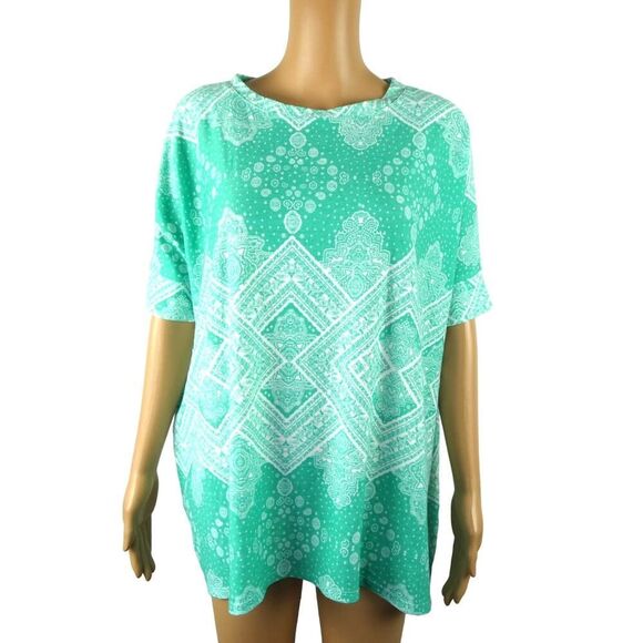 Agnes & Dora Boxy Tee T Shirt Tunic Oversized Aqua White Boho Paisley NWT Small - Picture 1 of 10